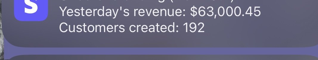 Stripe: yesterday's revenue $63,000.45, 192 customers created